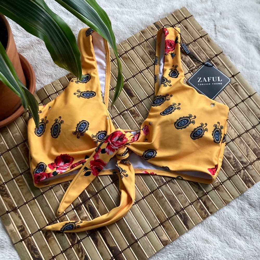 Zaful Yellow Floral Front Tie Bikini Top